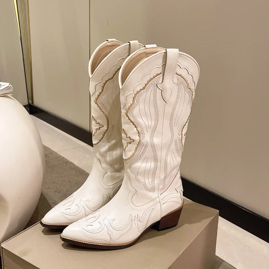 Embroidered Rounded Pointed Toe Calf Cowgirl Boots