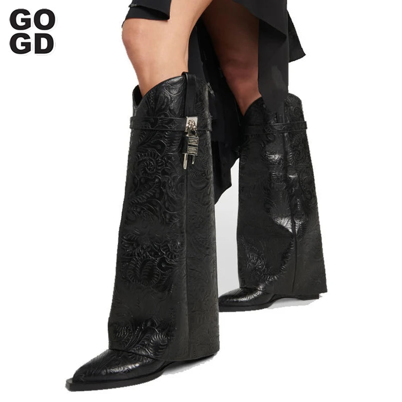 Edgy Eclectic Shark Lock Sheath Patterned Cowgirl Boots
