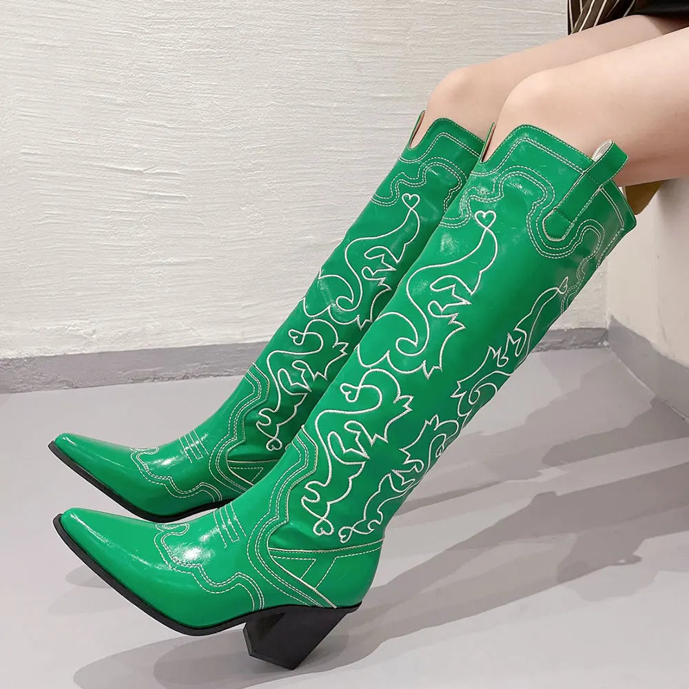 Knee High Embroidered Pointed Toe Cowgirl Boots