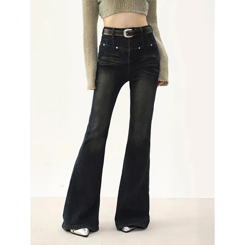 Dark-Wash Tummy Control High-Wasted Studded Slim-Fit Bootcut Jeans