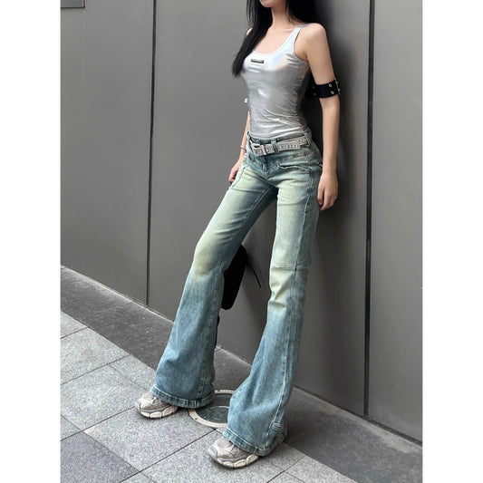 Retro Y2K Discolored Flares Sporty Mid-Rise Blue Jeans
