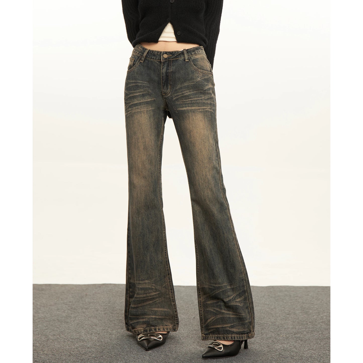 Vintage-Inspired Amber-Washed Dark Denim Mid-Rise Bootcut Jeans