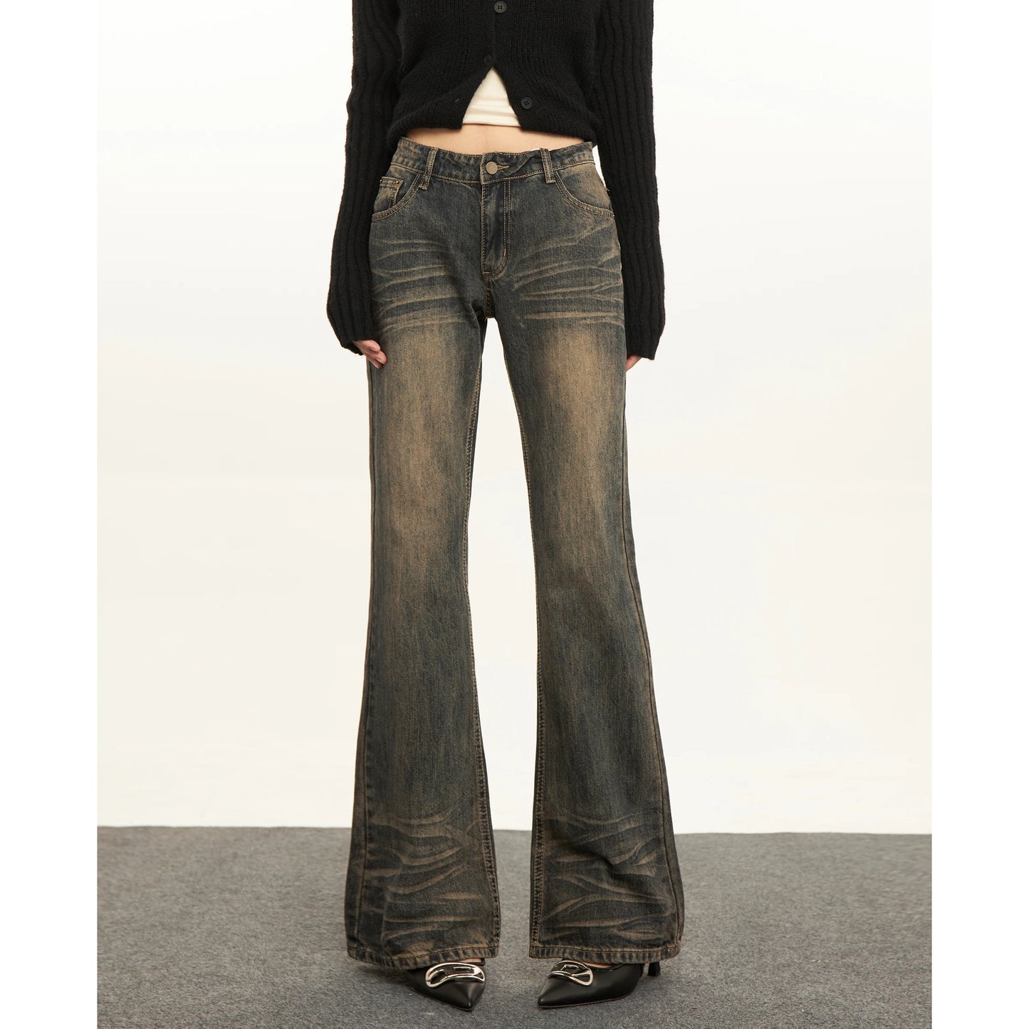 Vintage-Inspired Amber-Washed Dark Denim Mid-Rise Bootcut Jeans