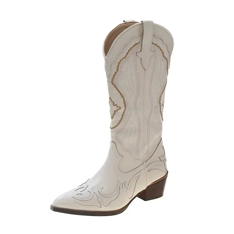 Embroidered Rounded Pointed Toe Calf Cowgirl Boots